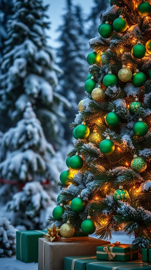 A Christmas tree decorated with green ornaments and lights, surrounded by snow-covered pine trees.